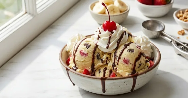 Homemade banana split ice cream topped with whipped cream, chocolate syrup and a cherry