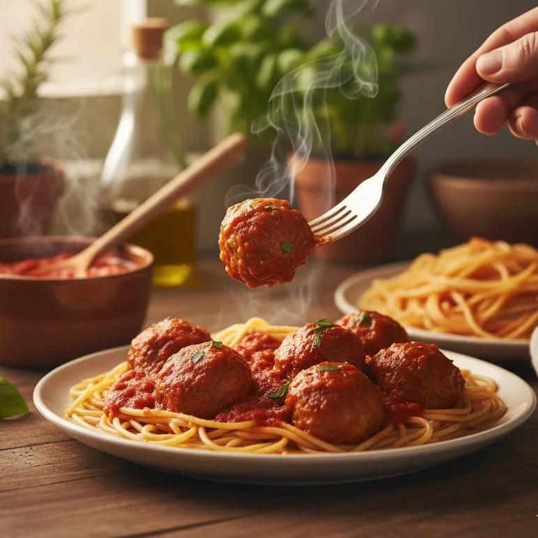 Serving chicken meatballs with marinara sauce over spaghetti in a home kitchen