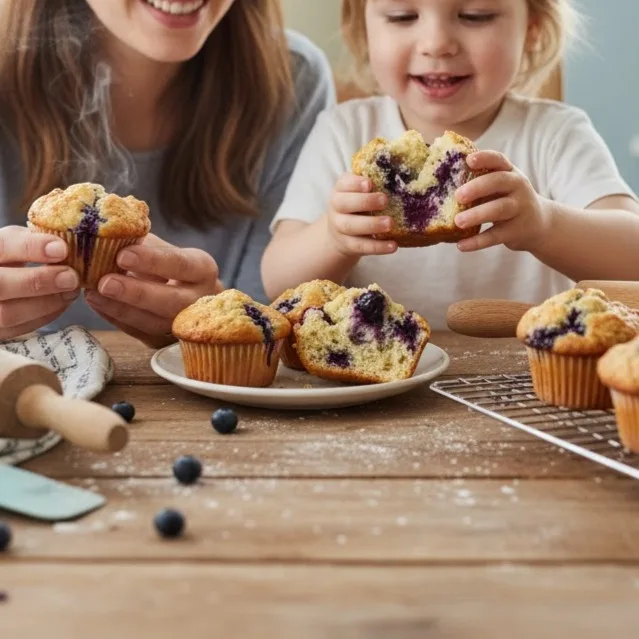 Family enjoying warm gluten free blueberry muffins at breakfast.