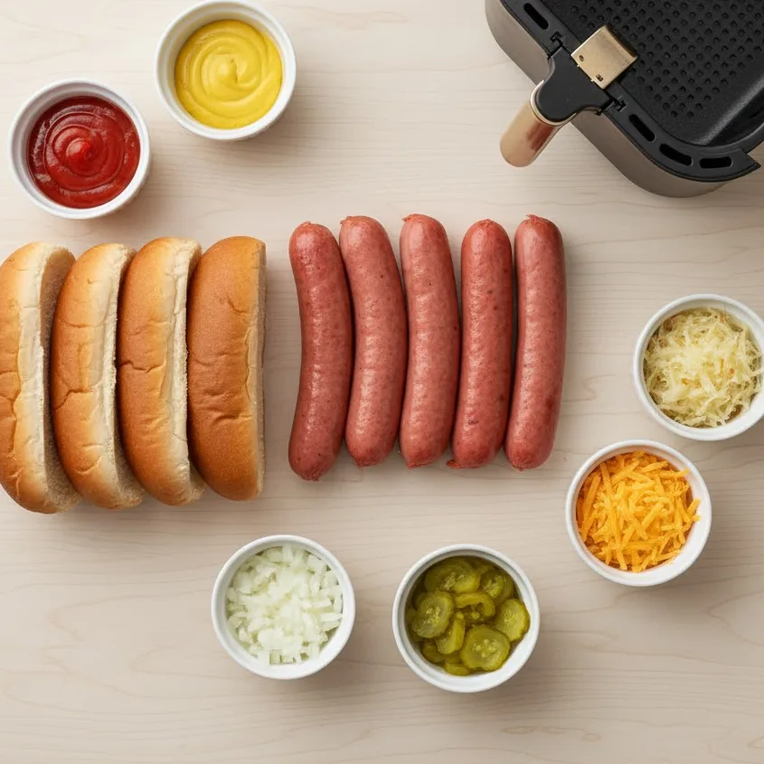 Ingredients for hot dogs in air fryer on kitchen counter
