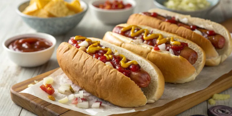 Crispy hot dogs in air fryer served in toasted buns with ketchup and mustard