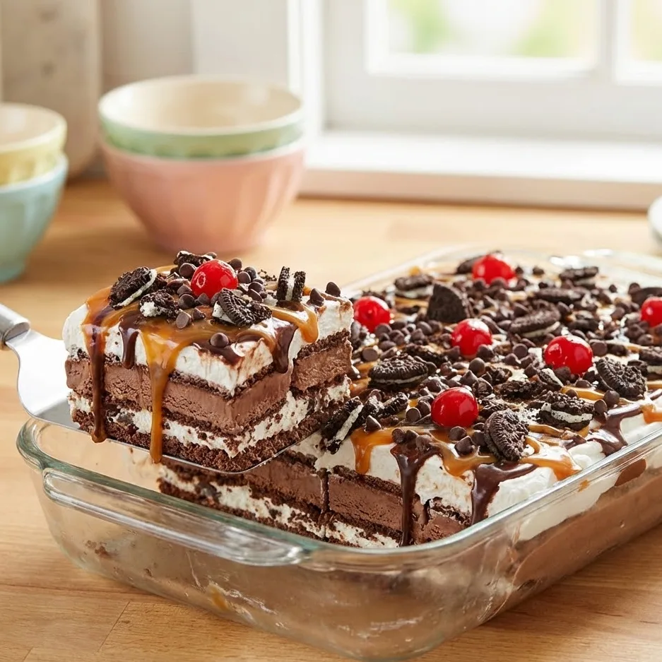 Close-up of ice cream sandwich cake in a pan with caramel, fudge, and toppings.