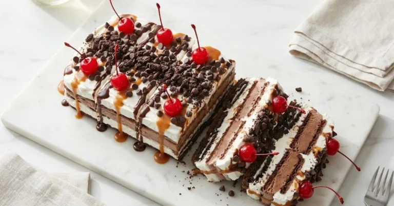 Ice cream sandwich cake sliced to show layers with fudge, caramel, and cookie topping.