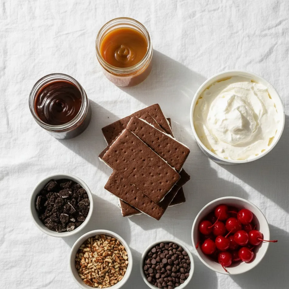 Ingredients for ice cream sandwich cake including sandwiches, whipped topping, and sauces.