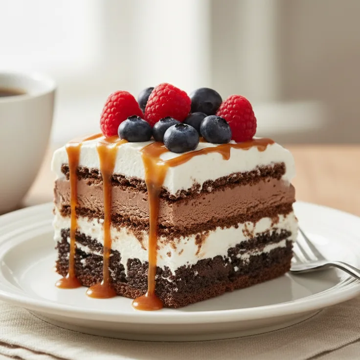 Slice of ice cream sandwich cake served with berries and caramel drizzle.