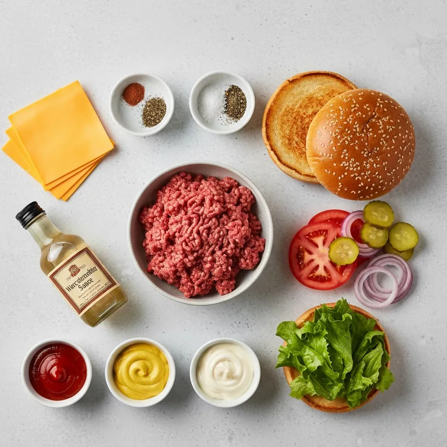 Flat-lay of ingredients needed for a bison cheeseburger recipe including bison meat, cheese, and toppings.