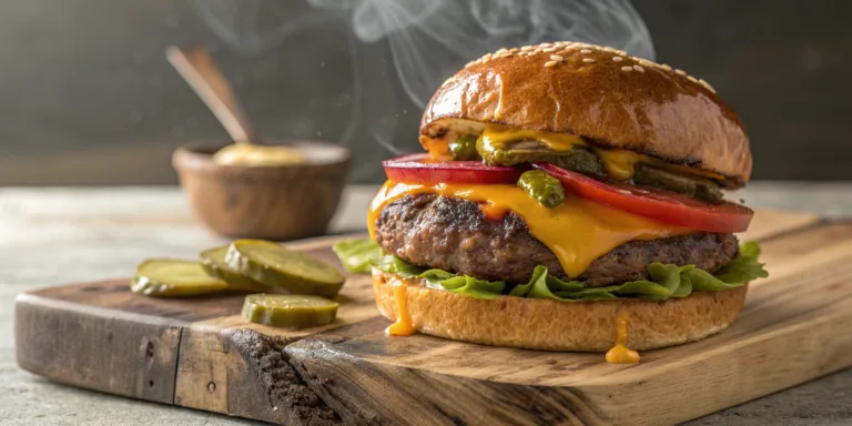 Juicy bison cheeseburger with melted cheddar and fresh toppings on a wooden board for a bison cheeseburger recipe.