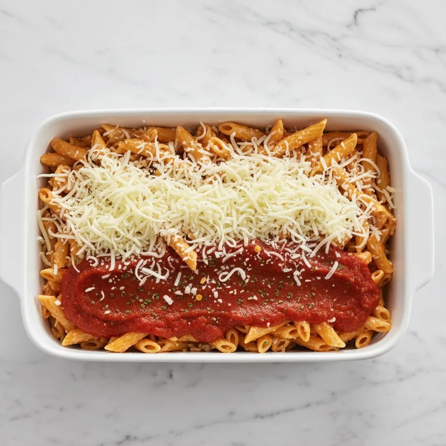 Layering pasta and sauce in baking dish for baked ziti recipe no meat.
