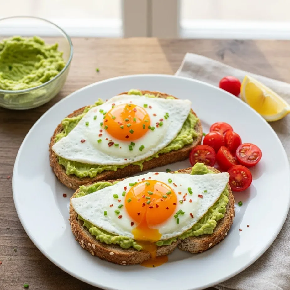 Hands spreading mashed avocado on toasted sourdough for avocado toast with egg.