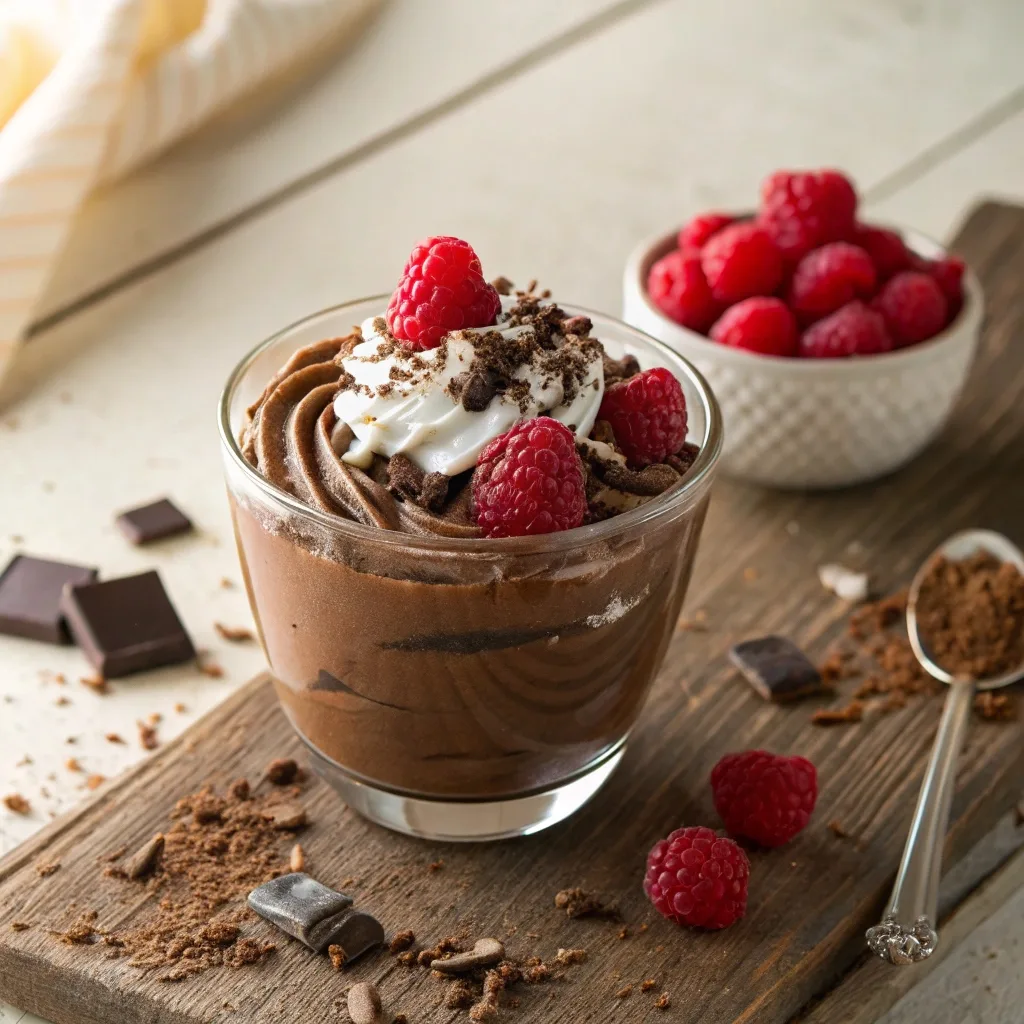 Homemade cottage cheese chocolate mousse beside blender and ingredients on counter.