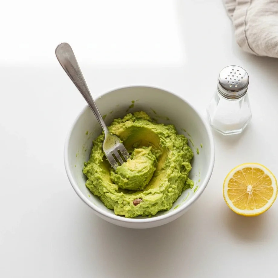 Mashing ripe avocado with lemon juice and seasoning for avocado toast with egg.