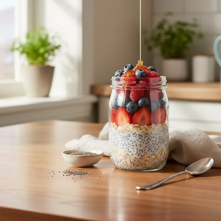 Mason jars of overnight oats with chia seeds stored in the refrigerator for meal prep.