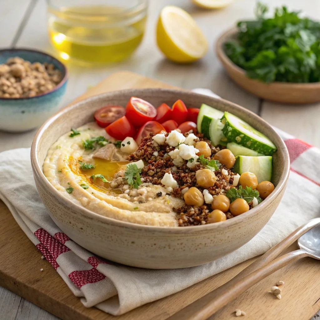 Mediterranean breakfast bowl with hummus, chickpeas, quinoa, and vegetables.