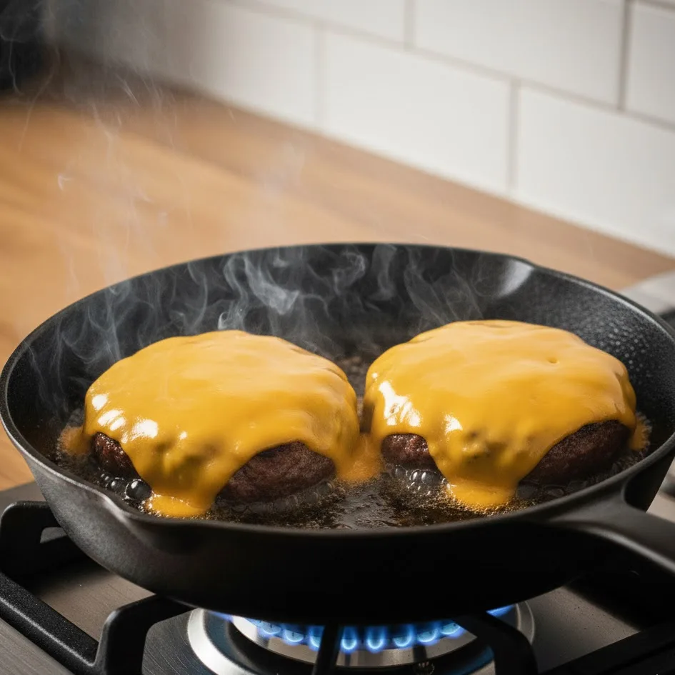 Cheddar cheese melting over hot bison patties on the grill.