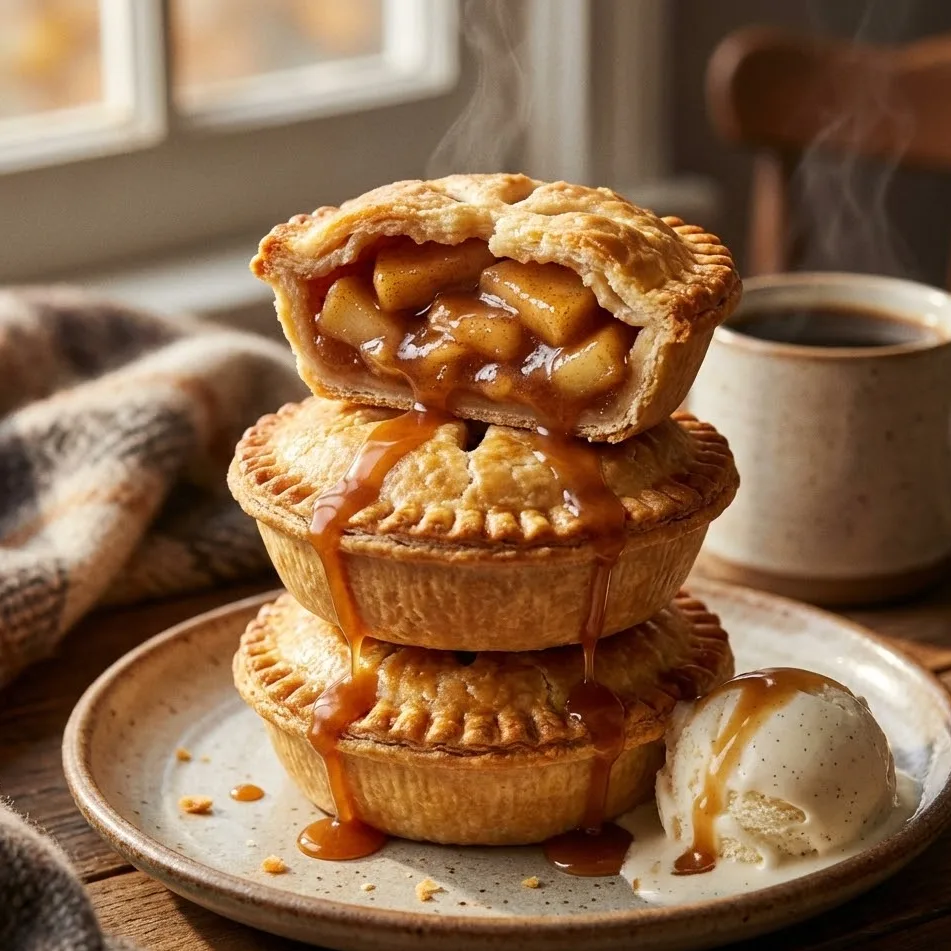 Stacked mini apple pies served with vanilla ice cream and caramel drizzle.