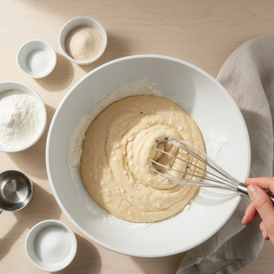 Pouring wet ingredients into dry ingredients to form protein waffle batter.