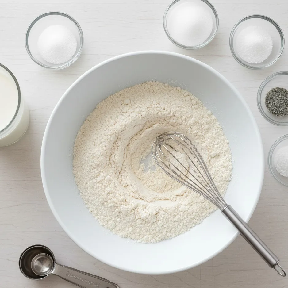 Whisking gluten free flour, sugar, and baking powder in a bowl for pancake batter.