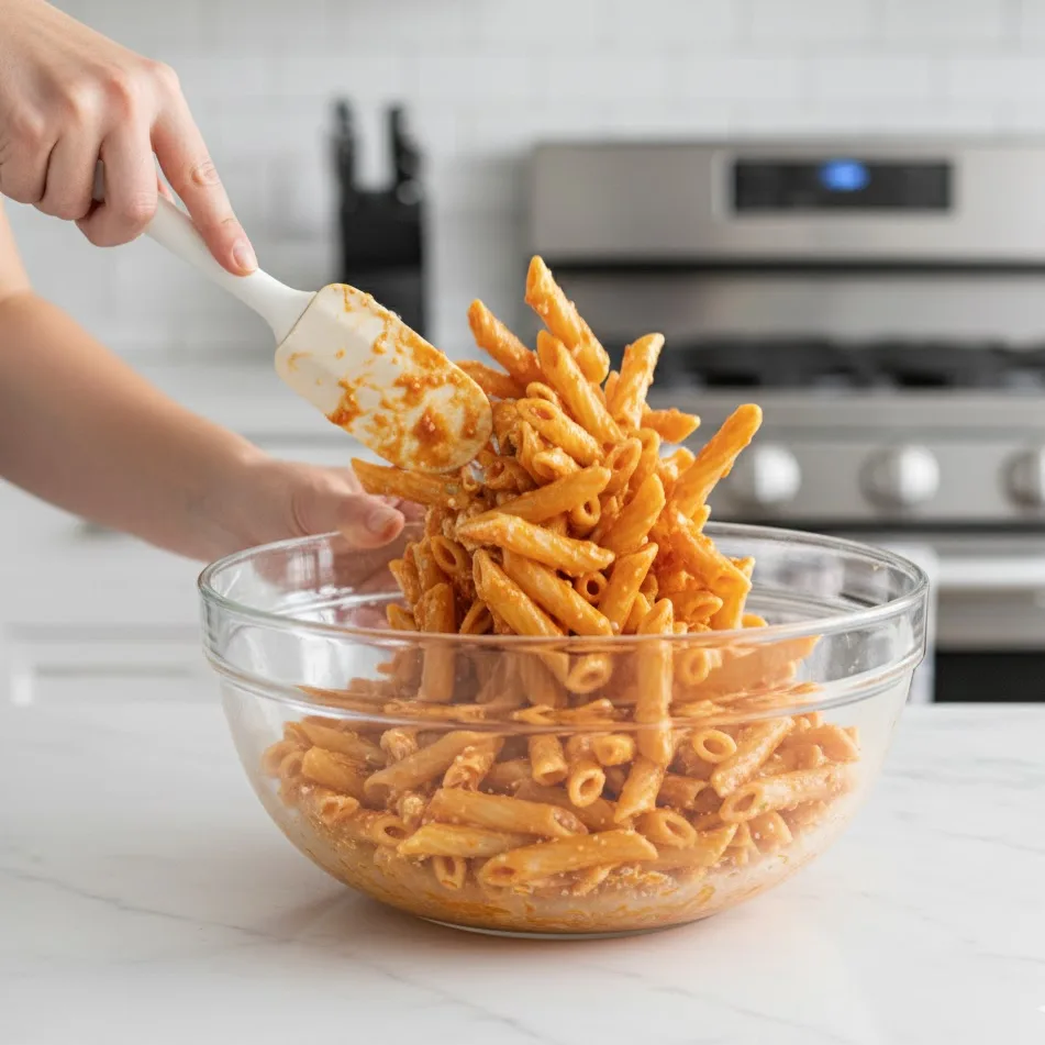 Cooked ziti mixed with cheese and marinara for baked ziti recipe no meat.