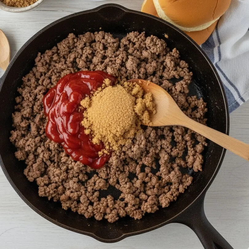 Adding ketchup and brown sugar to cooked ground beef for sloppy joe mixture.