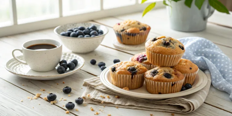 Freshly baked gluten free blueberry muffins on a wooden table with coffee.