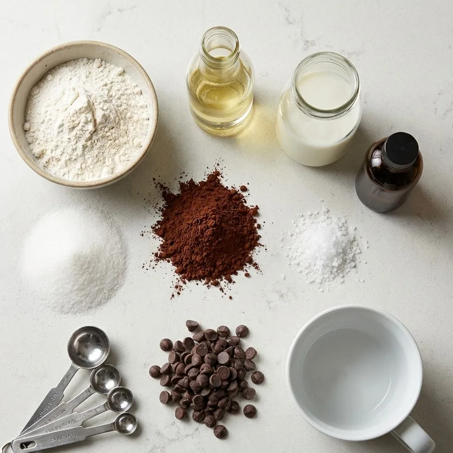 Flat-lay of ingredients needed for a mug brownie recipe, including flour, sugar, cocoa and milk.