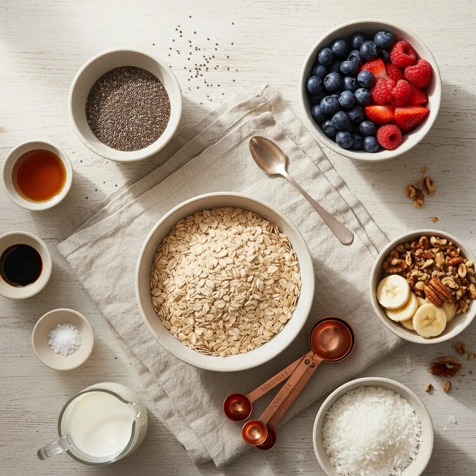 Ingredients for overnight oats with chia seeds arranged on a wooden surface.