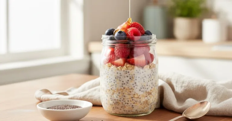 Creamy overnight oats with chia seeds in a glass jar topped with fresh berries and honey.