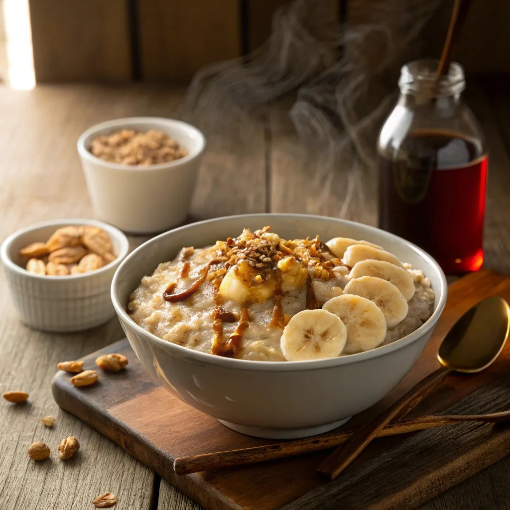 Peanut butter banana oatmeal bowl with walnuts and maple syrup.