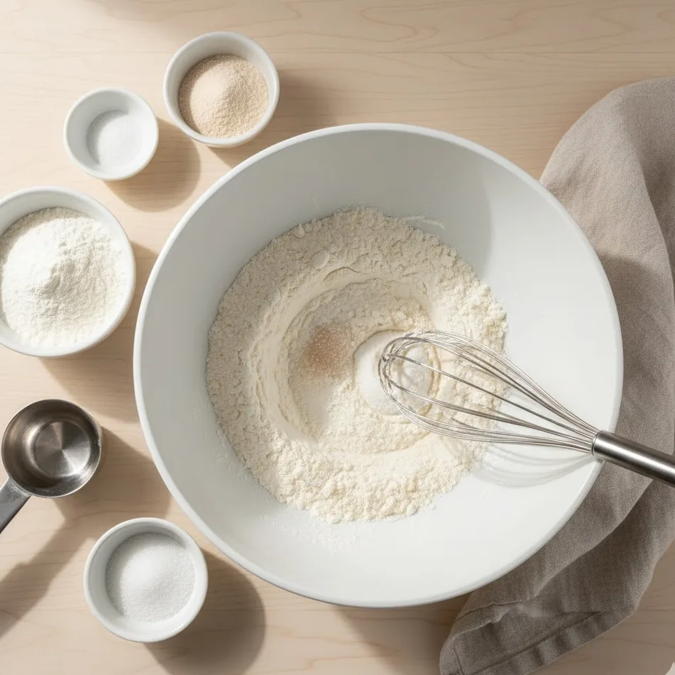 Preheating waffle iron and whisking dry ingredients for protein waffles in a mixing bowl.