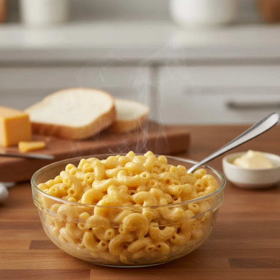 Cooked mac and cheese cooling in a bowl before making grilled mac and cheese sandwich.