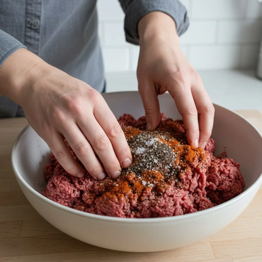 Mixing ground bison with seasonings for the first step of the bison cheeseburger recipe.