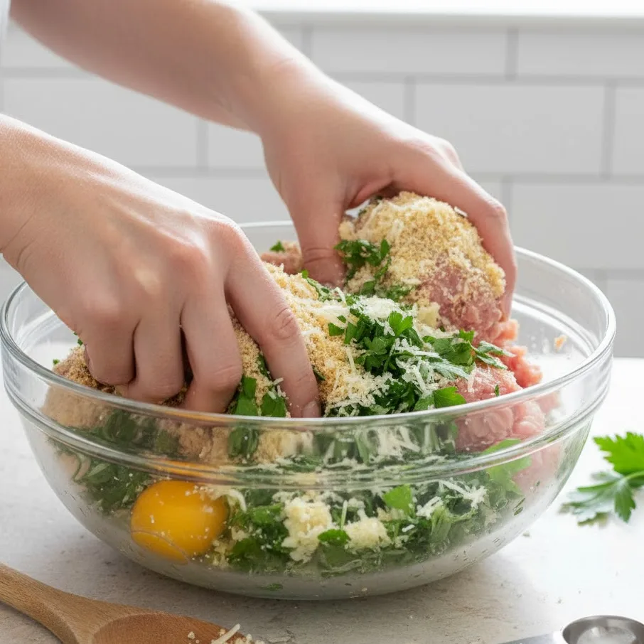 Mixing ground chicken, breadcrumbs, and herbs in a large bowl for meatballs