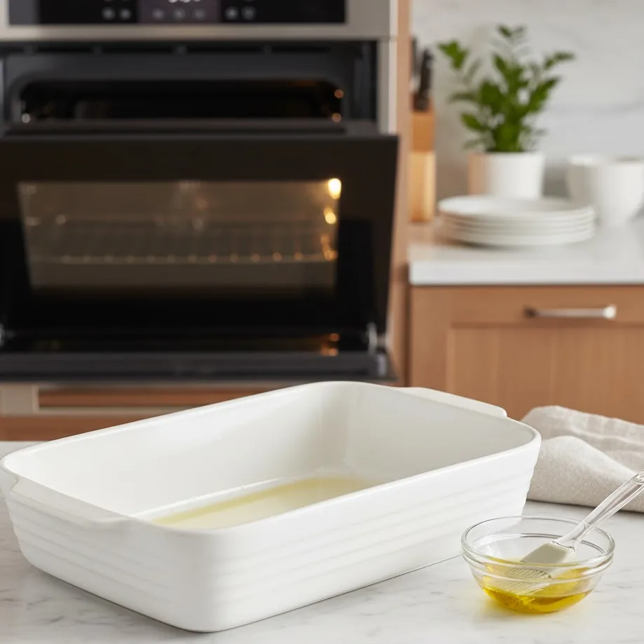 Greased baking dish ready for baked ziti recipe no meat.
