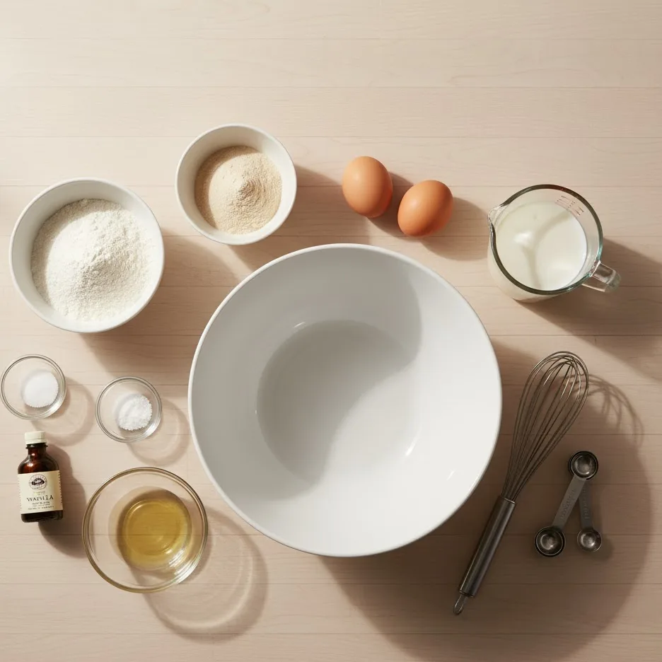 Protein waffle ingredients arranged on a kitchen counter in a bright flat lay.