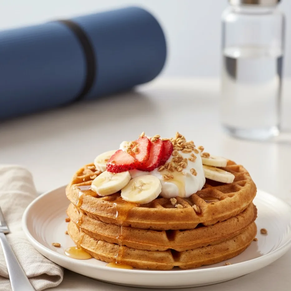 Plated protein waffles topped with berries, Greek yogurt, and maple syrup.