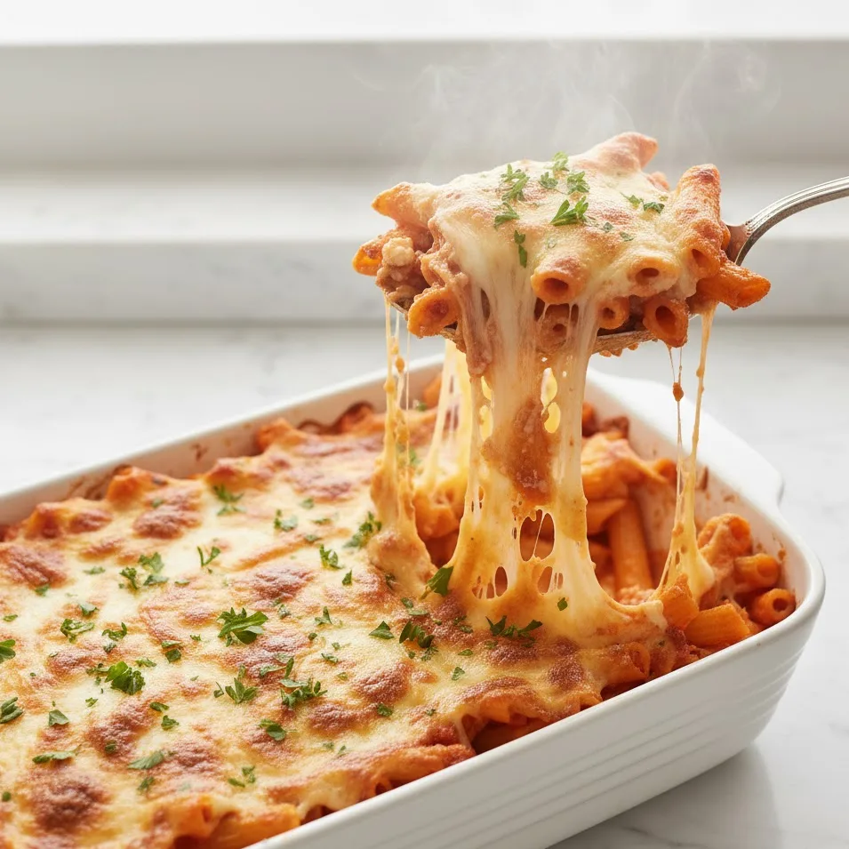 Freshly baked ziti recipe no meat cooling with melted cheese.