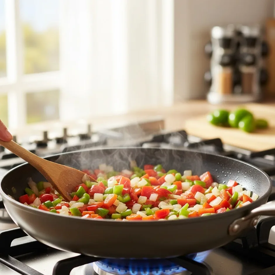 Peppers and onions sautéing in a skillet for breakfast burritos.
