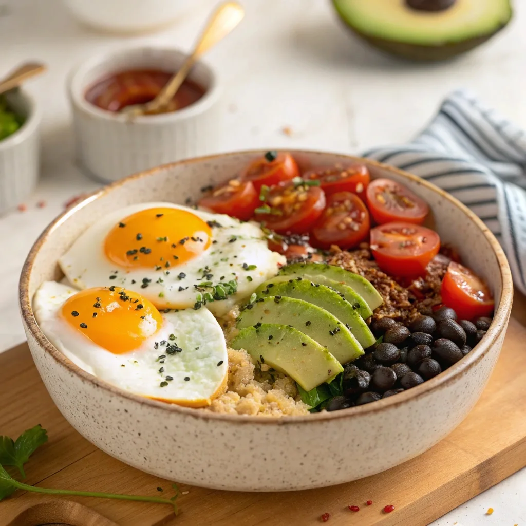 Savory breakfast bowl with eggs, avocado, quinoa, and tomatoes.