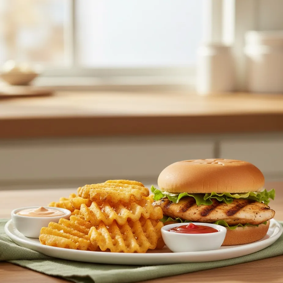 Crispy Chick fil A waffle fries served with sauce and sandwich.