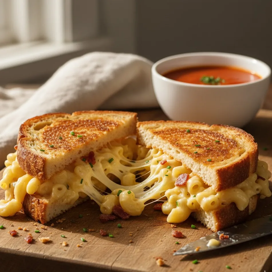 Sliced grilled mac and cheese sandwich showing melted cheese inside.