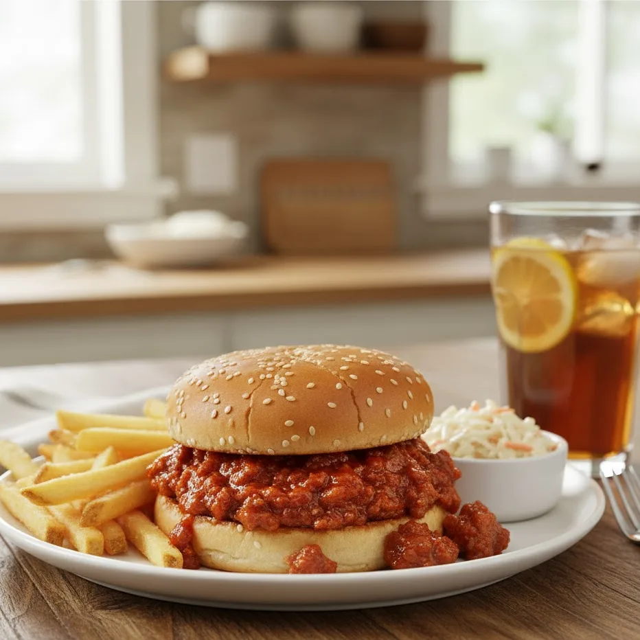 Easy sloppy joe recipe 3 ingredients served with fries and coleslaw on white plate.