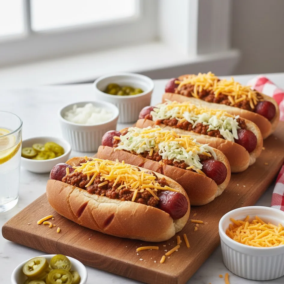 Air fryer hot dogs with toppings served on tray with sides