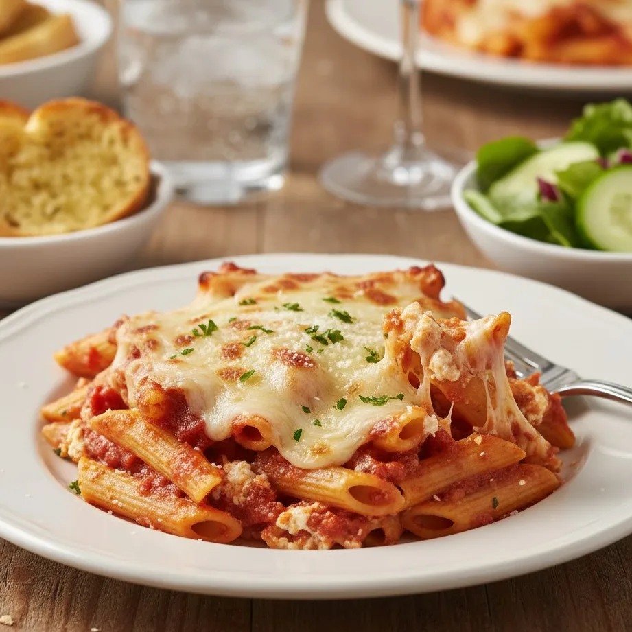 Serving of baked ziti recipe no meat with garlic bread and salad.