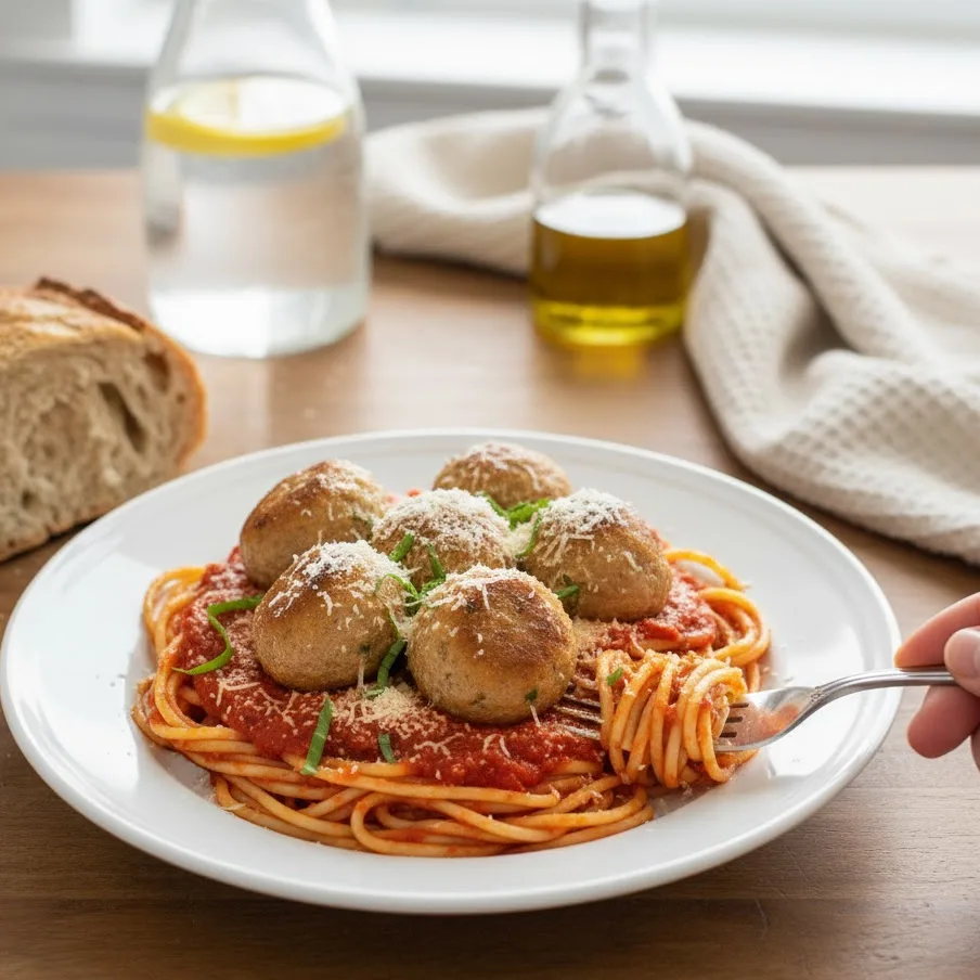 Chicken meatballs served over spaghetti with basil and Parmesan cheese