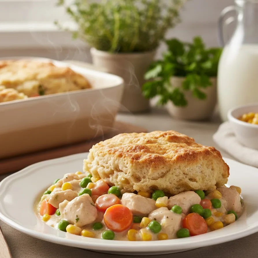 Plated serving of chicken pot pie casserole with creamy filling and golden crust.