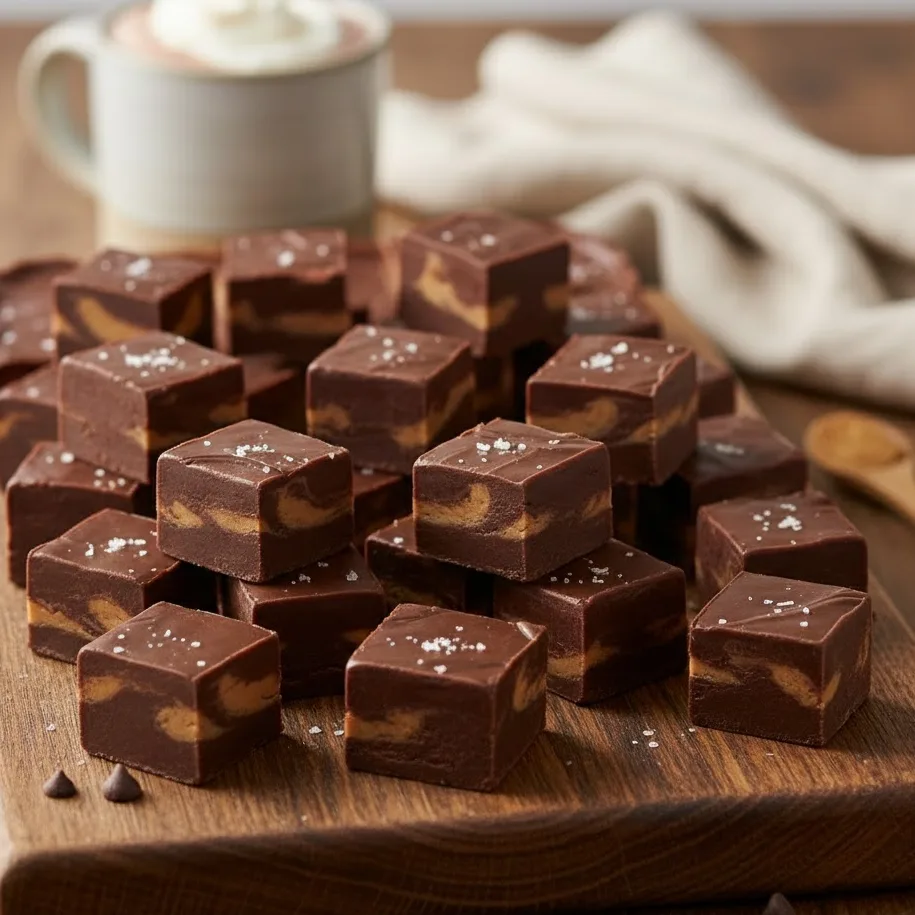 Plate of chocolate peanut butter fudge squares served with coffee.