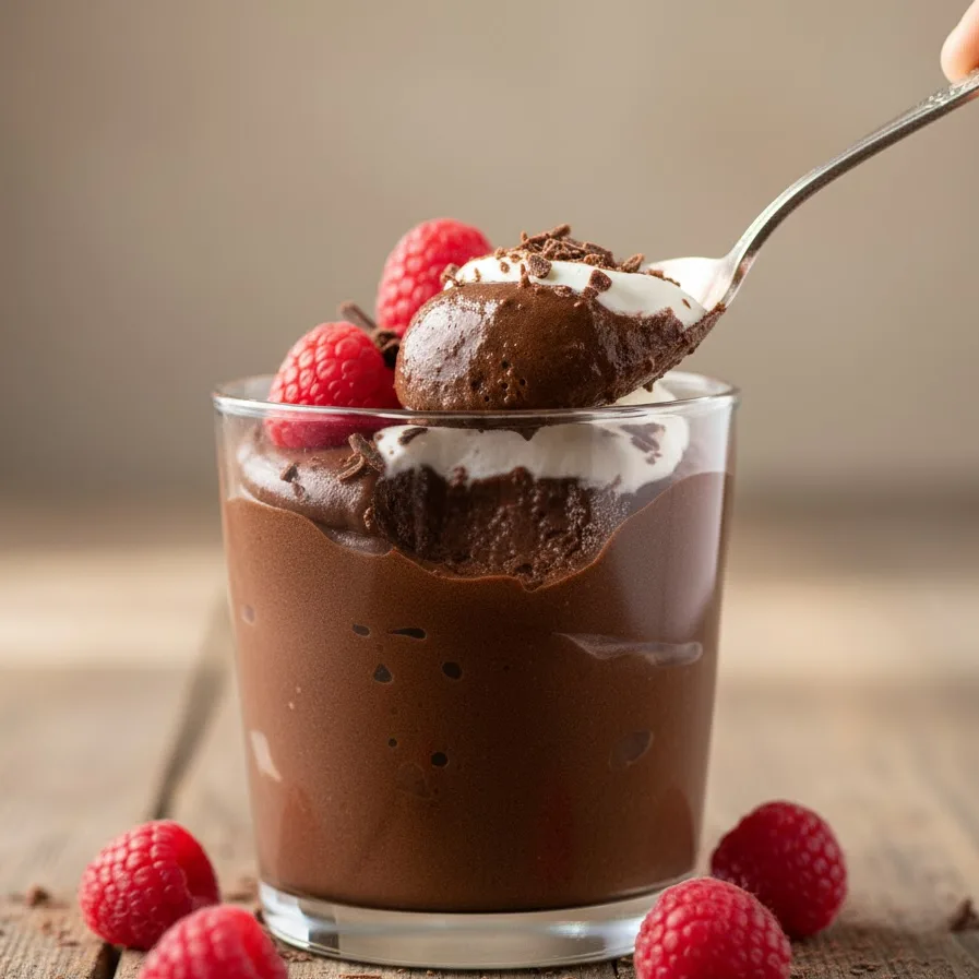 Cottage cheese chocolate mousse topped with berries and whipped cream.