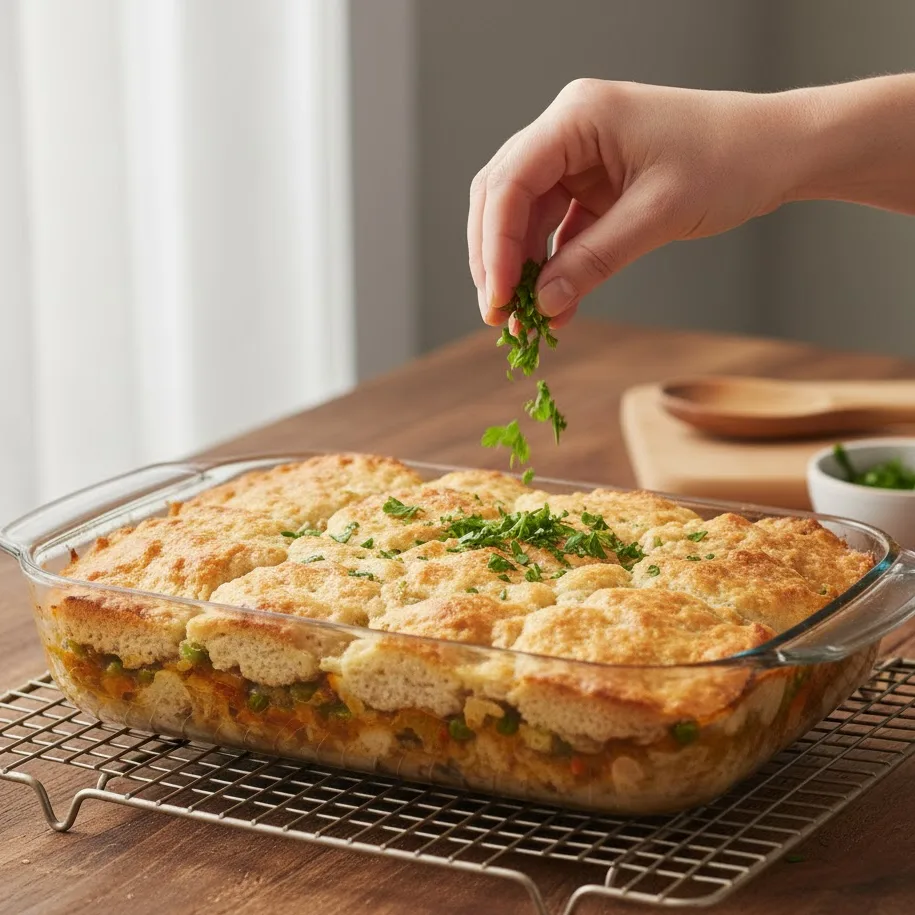 Freshly baked chicken pot pie casserole garnished with parsley.