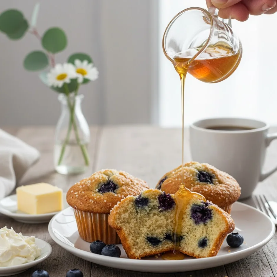 Gluten free blueberry muffins served with butter and honey.