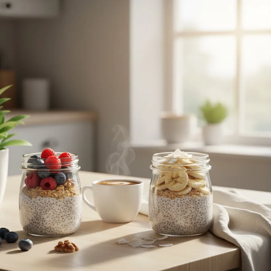 Two jars of overnight oats with chia seeds served with fruit and coffee.